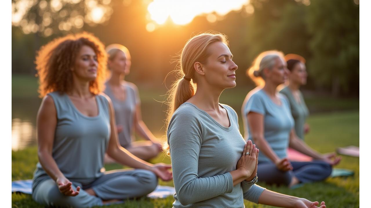 A diverse group of adults aged 35+ engaging in a calm, mindful activity outdoors, reflecting health and vitality.