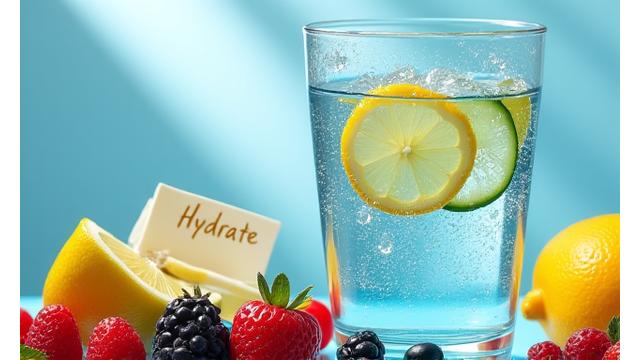 Illustration of a person happily drinking water, surrounded by fruits, representing a hydration challenge