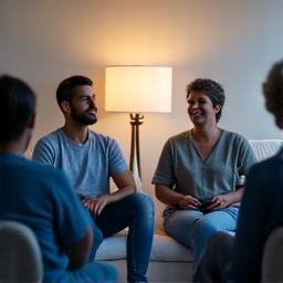 Diverse group of adults in a supportive circle, representing mental health and stress management discussion