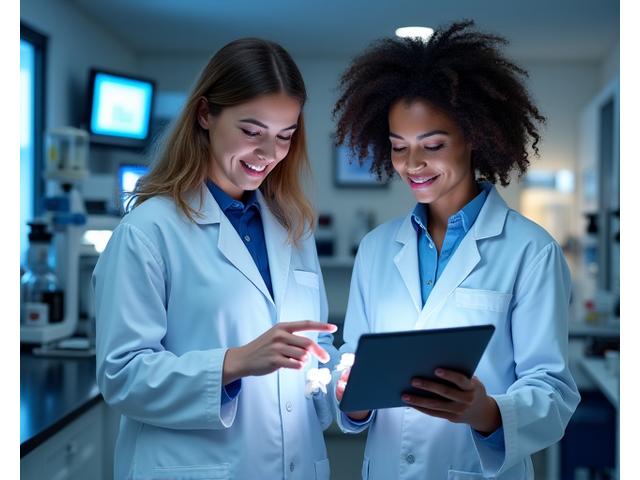 Team of wellness professionals reviewing product data on tablets and laptops in a modern lab environment