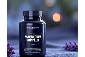 Magnesium supplement bottle with focus on muscle relaxation and sleep