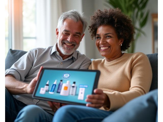 Happy adult couple reviewing wellness products on a tablet with a discount tag overlay