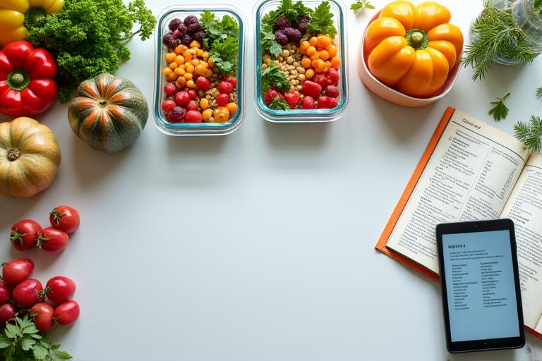 A neatly organized meal prep on a kitchen counter with fresh ingredients and a digital tablet displaying a meal plan.