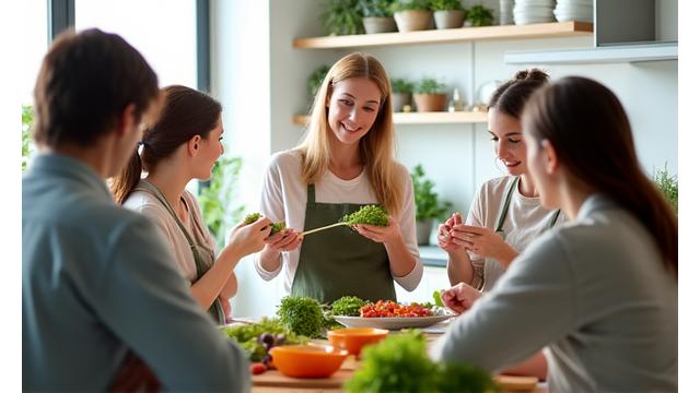 A nutrition expert holding a vibrant green vegetable in a brightly lit kitchen, demonstrating healthy cooking techniques to a small group of attentive adults.