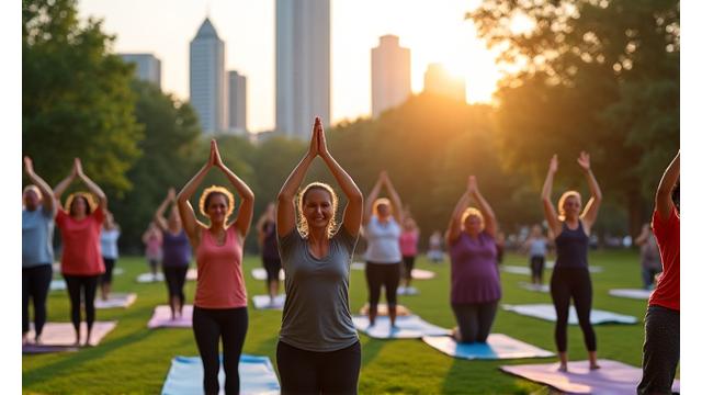 A diverse group of adults participating in an outdoor yoga session in a park in Charlotte, NC, with city skyline in the background, enjoying a wellness event.