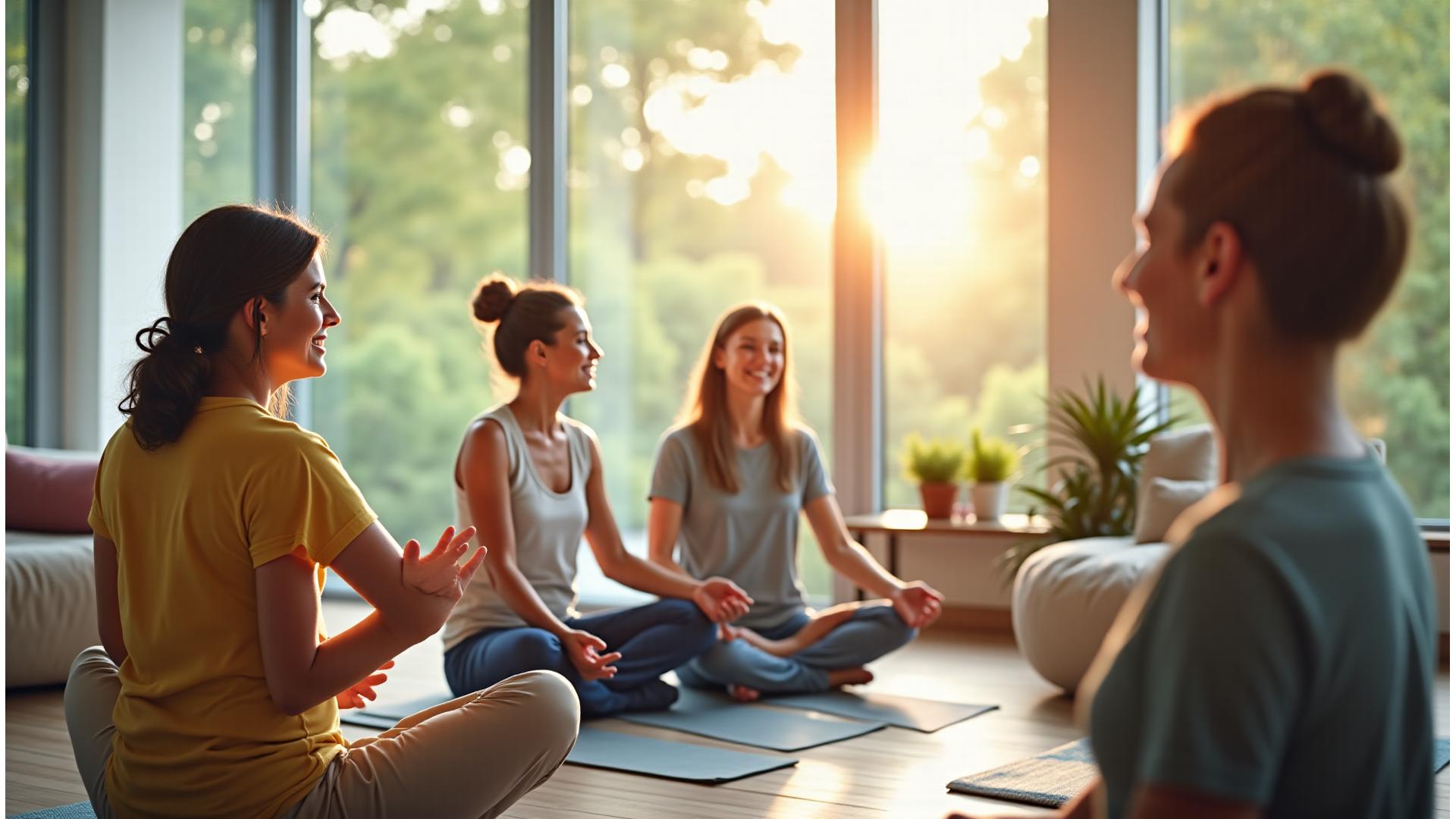 Diverse adults aged 35-55 engaging in various wellness activities like yoga, hiking, and mindful meditation in a serene, modern setting.