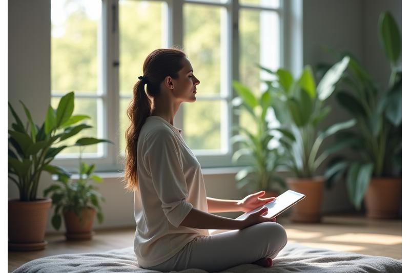 A woman meditating calmly in a serene, natural setting with warm, soft lighting, contrasted subtly with a blurred digital device in the background, symbolizing digital detox.