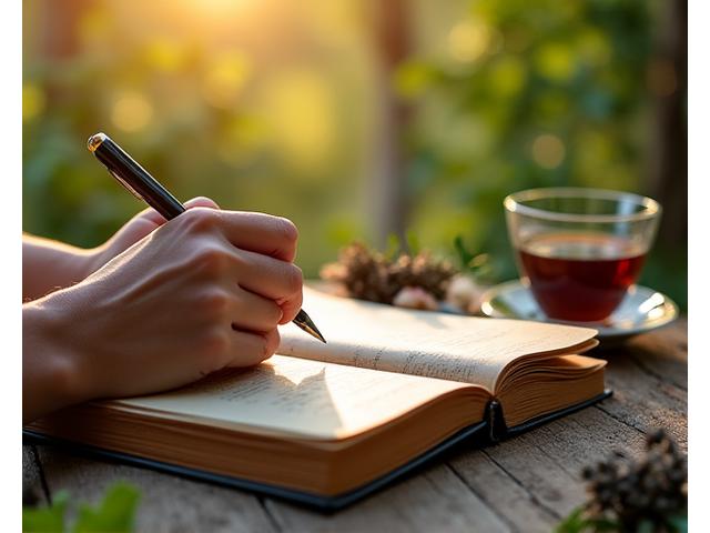 Someone journaling in a beautiful garden, surrounded by lush greenery and natural light. Emphasizes reconnection with nature and self through non-digital means.