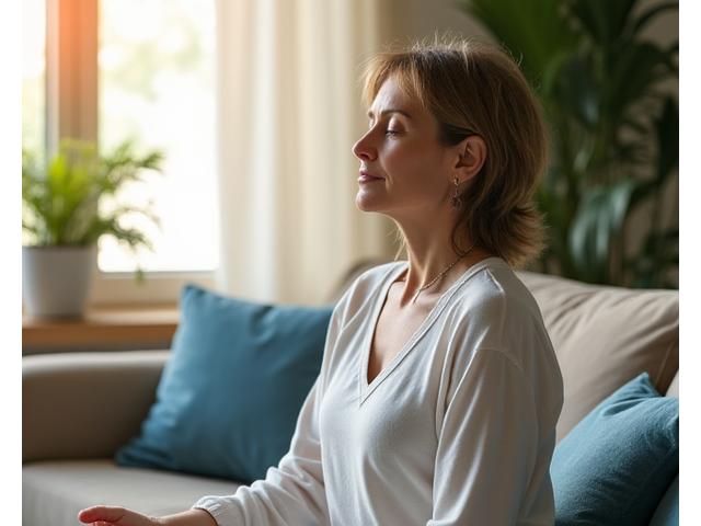 An adult practicing a basic mindfulness technique in a serene home environment, with soft natural light. Represents calm focus and ease of integration into daily life.