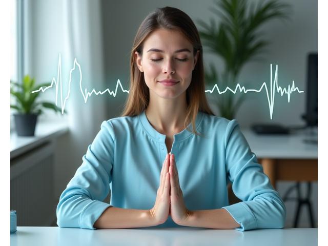 A person demonstrating a breathing exercise in a calm setting, with subtle graphic overlays showing physiological benefits like heart rate reduction. Focus on evidence-based tools.