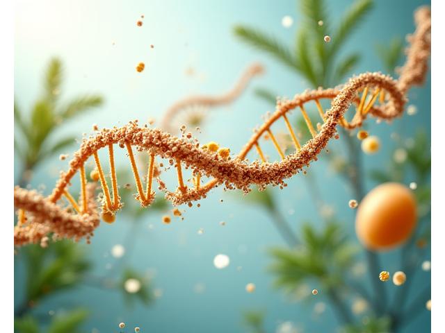 Scientific visualization of a DNA helix intertwining with various food groups, representing nutrigenomics and personalized diet plans.