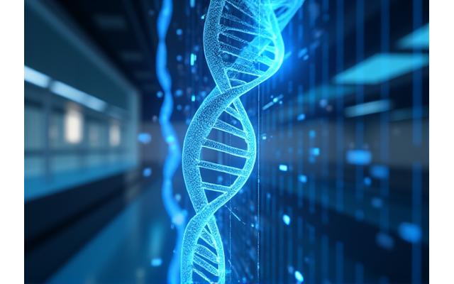 Abstract depiction of a DNA double helix with glowing data points, representing genetic information