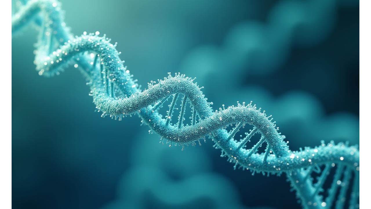 Scientific visualization of DNA double helix intertwined with gut microbiome bacteria, representing personalized nutrition