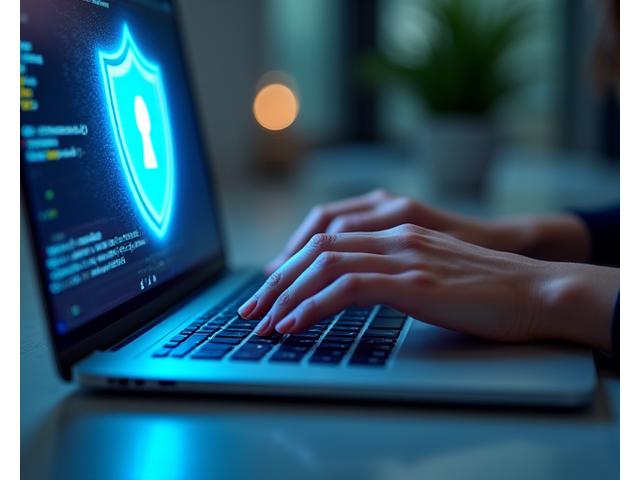 Image of a person confidently typing on a laptop, with a glowing security icon nearby, representing secure communication and support.