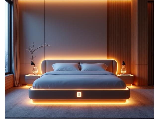 A futuristic smart bed with integrated lighting and subtle technology elements, demonstrating advanced sleep systems in a sleek, modern bedroom.