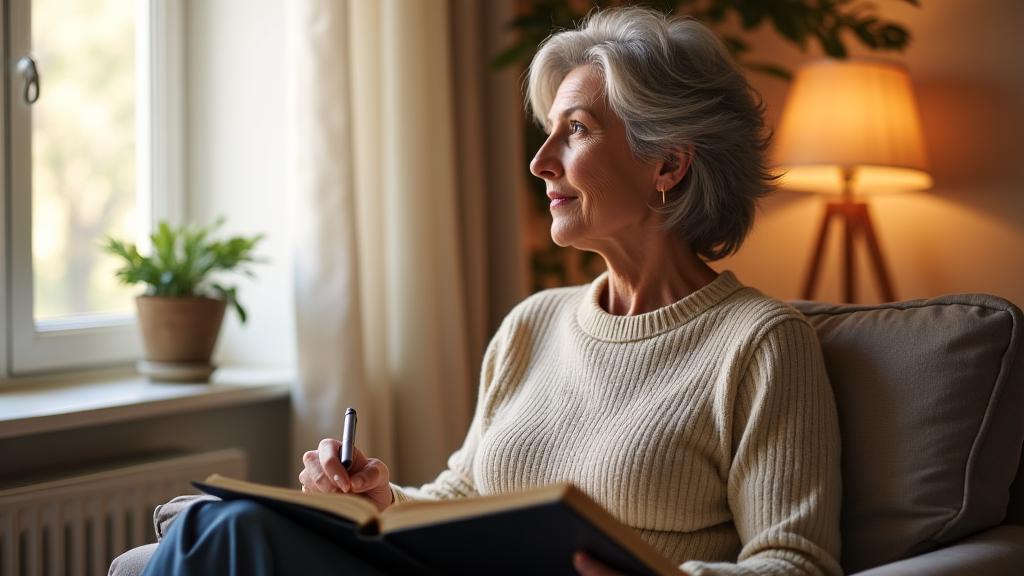 A person comfortably seated with a journal, engaged in a mindfulness exercise, symbolizing CBT-I for insomnia, in a calm, focused setting.