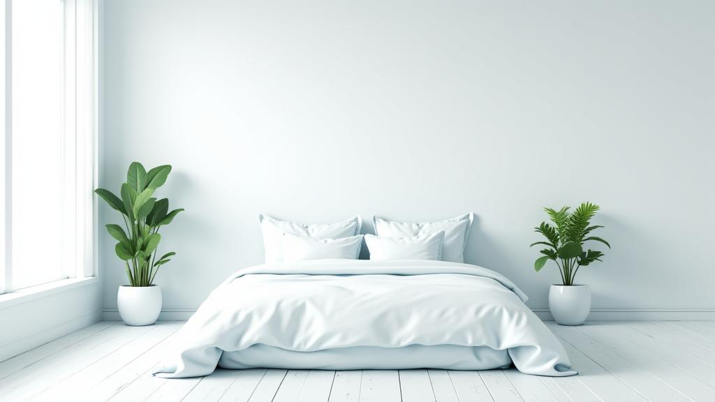 A serene, minimalist bedroom bathed in soft, natural light, featuring a comfortable bed, subtle plant, and clean lines. The dominant colors are muted blues, soft greens, and warm grays, creating a tranquil atmosphere.